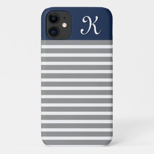 Grey and Navy Striped Pattern Monogram iPhone 11 Case