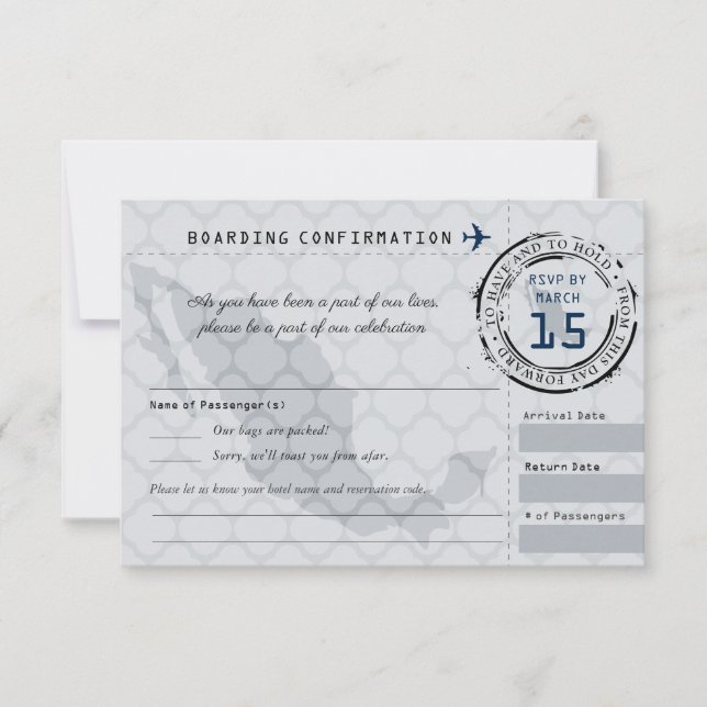 Grey and Navy Wedding RSVP Boarding Pass to Mexico Card (Front)