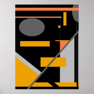 Grey and Orange Geometric Shapes on Black Motif Poster
