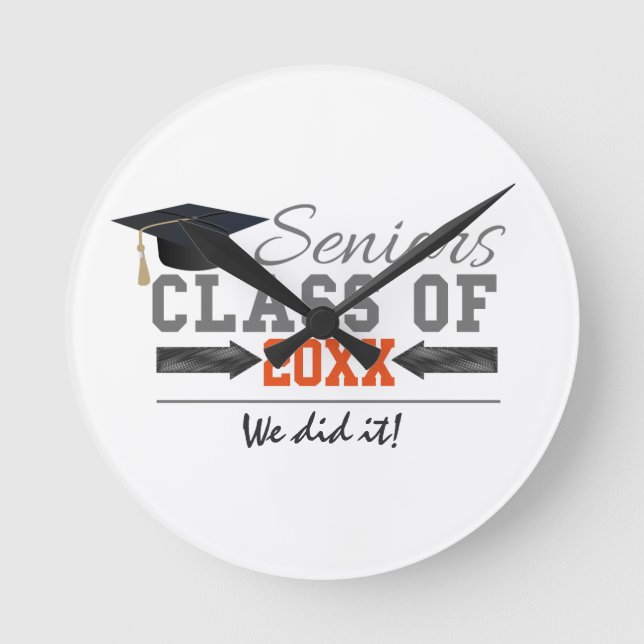 Grey and Orange Graduation Gear Round Clock (Front)