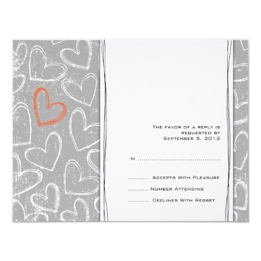 Grey and Orange Grunge Hearts Wedding RSVP Card