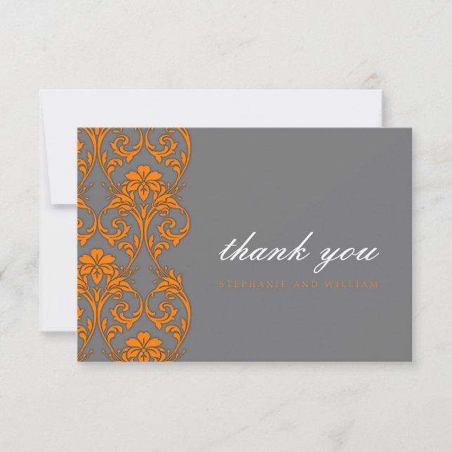 Grey and Orange Lace Wedding Thank You Card (Front)