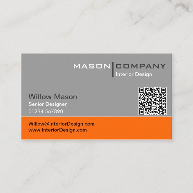 Grey and Orange QR Corporate Business Card (Front)