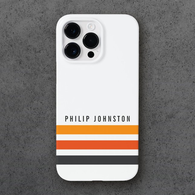 Grey and orange retro stripes custom name white Case-Mate iPhone case (Creator Uploaded)