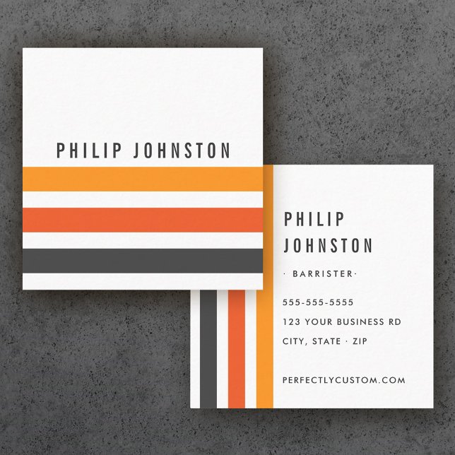 Grey and orange retro stripes white square business card (Creator Uploaded)