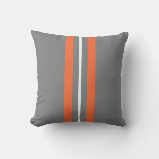 Grey and Orange Vertical Stripes Outdoor Pillow (Front)