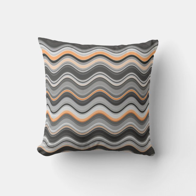 Grey and Orange Wavy Stripes Cushion (Front)