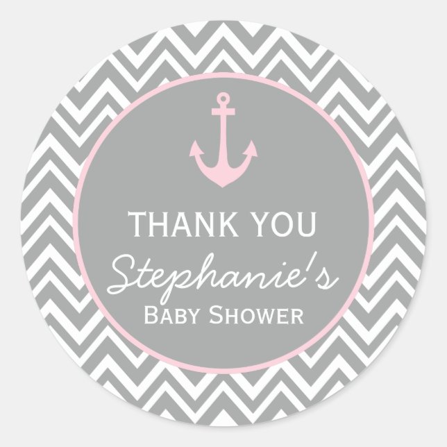 Grey and Pastel Pink Chevron Nautical Baby Shower Classic Round Sticker (Front)