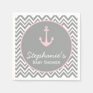 Grey and Pastel Pink Chevron Nautical Baby Shower Napkin
