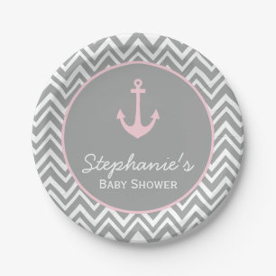 Grey and Pastel Pink Chevron Nautical Baby Shower Paper Plate