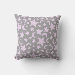 Grey and Pastel Purple Stars and Moons Cushion
