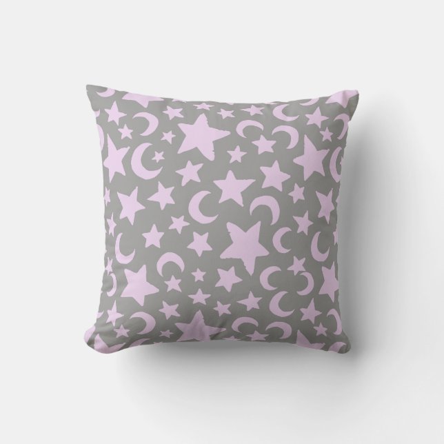 Grey and Pastel Purple Stars and Moons Cushion (Front)