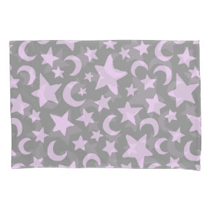 Grey and Pastel Purple Stars and Moons Pillowcase