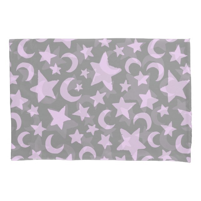 Grey and Pastel Purple Stars and Moons Pillowcase (Front)