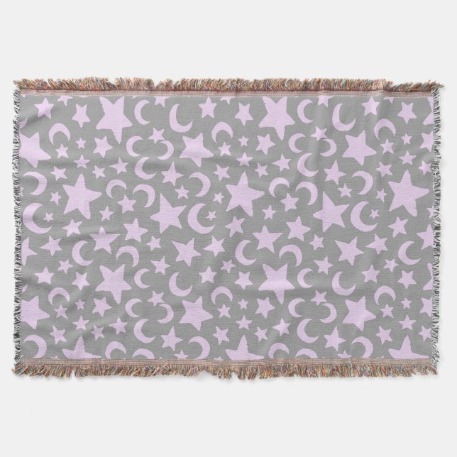 Grey and Pastel Purple Stars and Moons Throw Blanket (Front)