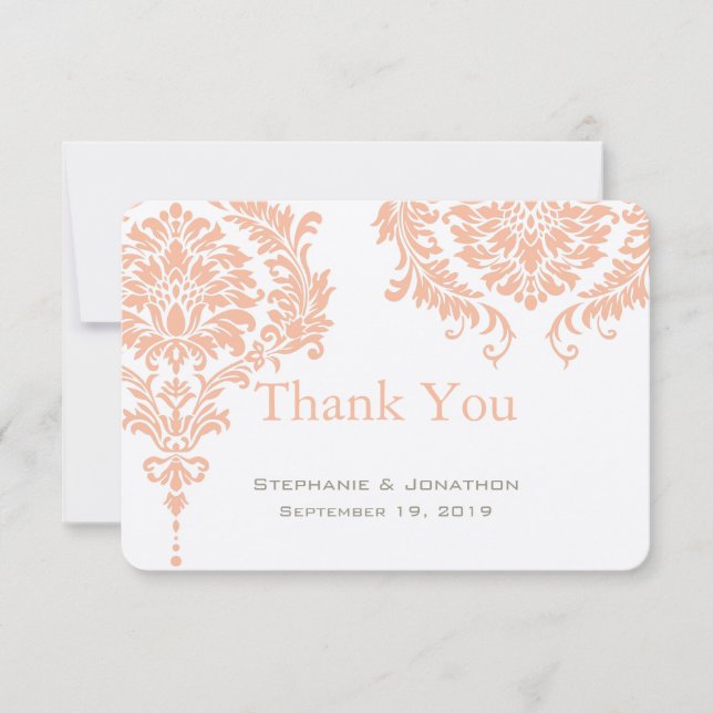 Grey and Peach Coral Damask Wedding Thank You Card (Front)