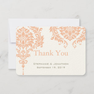 Grey and Peach Coral Damask Wedding Thank You Card