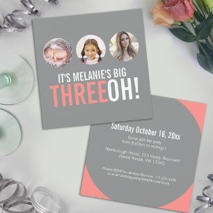 Grey and pink 30th THREEOH! photo birthday invite