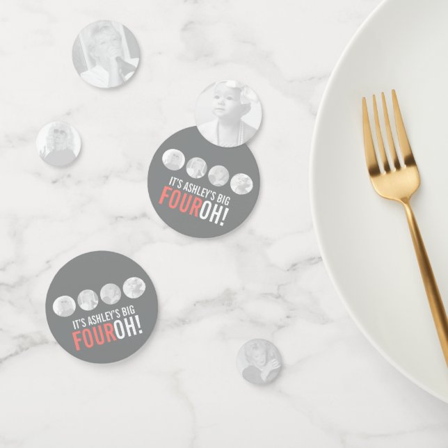 Grey and pink 40th FOUROH! 4 photos birthday Confetti (Group)