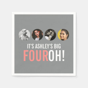Grey and pink 40th FOUROH! 4 photos birthday Napkin