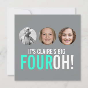 Grey and pink 40th FOUROH! photo birthday invite