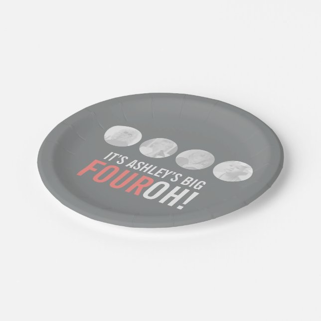 Grey and pink 40th FOUROH! photo birthday Paper Plate (Angled)