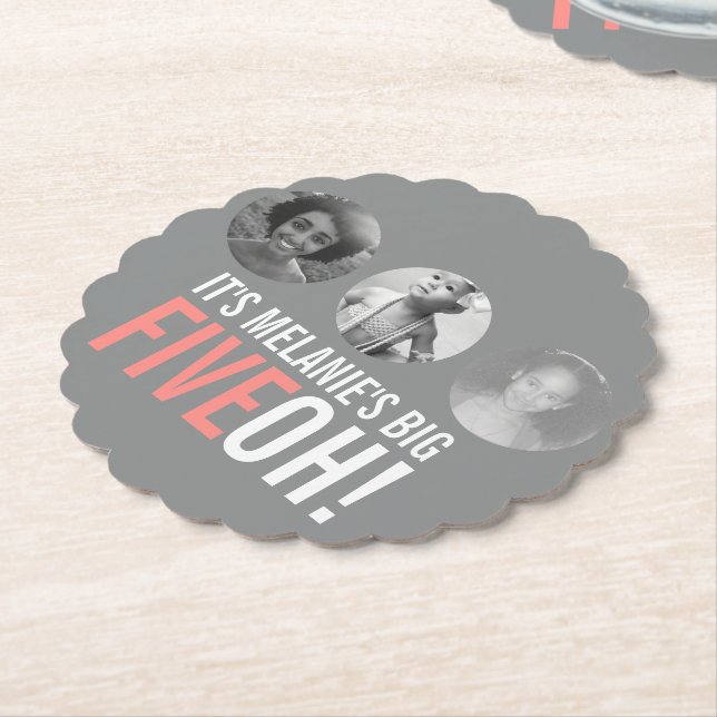Grey and pink 50th FIVEOH! photo birthday graphic Paper Coaster (Angled)
