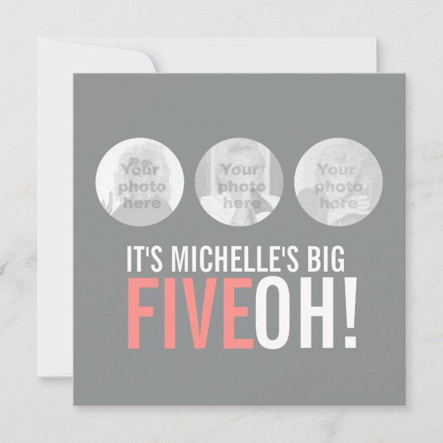 Grey and pink 50th FIVEOH! photo birthday invite (Front)