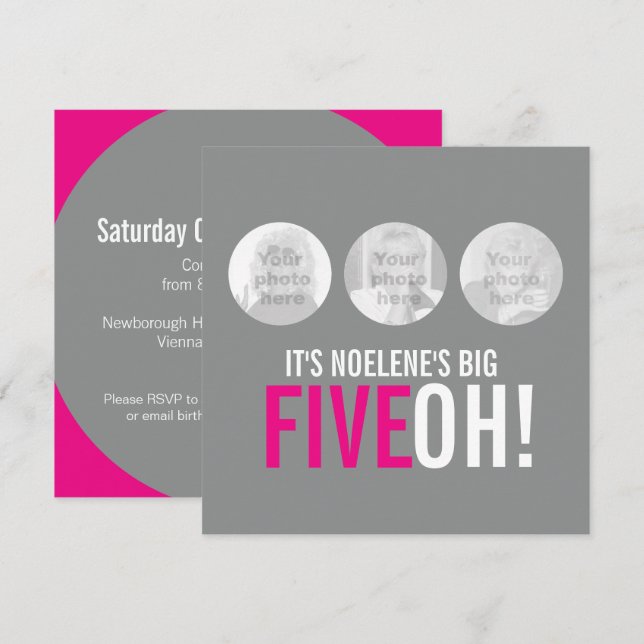 Grey and pink 50th FIVEOH! photo birthday invite (Front/Back)