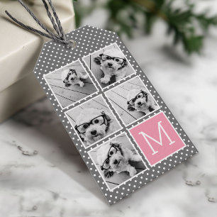 Grey and Pink 5 Photo Collage Monogram Gift Tags