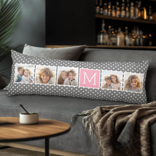Grey and Pink 5 Photo Collage with Monogram Body Cushion