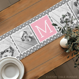 Grey and Pink 5 Photo Collage with Monogram Short Table Runner
