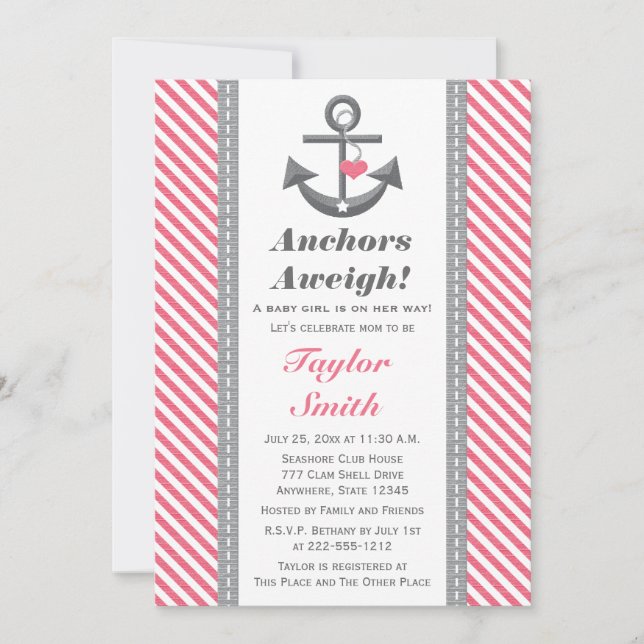 Grey and Pink Anchor Nautical Baby Shower Invitation (Front)