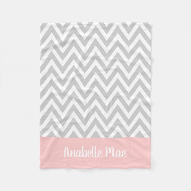 Grey and Pink Chevron Baby Name Monogrammed Fleece Blanket (Front)