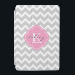 Grey and Pink Chevron Custom Monogram iPad Mini Cover<br><div class="desc">Cute trendy chic iPad case features a preppy zigzag chevron pattern personalised with your monogram name and initial in a girly quatrefoil frame. Click Customise It to change text fonts and colours to create your own unique one of a kind design.</div>