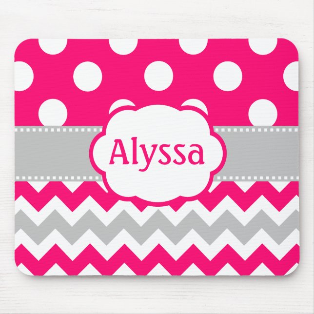 Grey and Pink Chevron Dots Personalised Mouse Mat (Front)