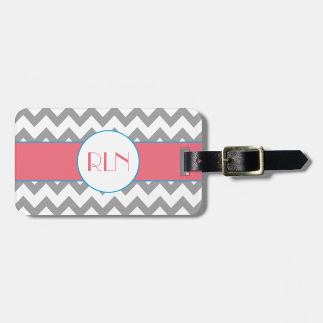 Grey and Pink Chevron Monogram Luggage Tag (Front Horizontal)