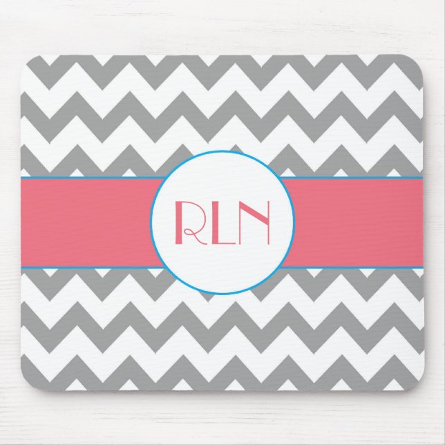 Grey and Pink Chevron Monogram Mouse Pad (Front)