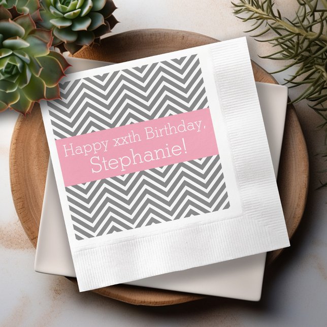 Grey and Pink Chevrons - Custom Printed Birthday Napkin (Personalized cocktail and dinner napkins)