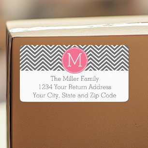Grey and Pink Chevrons Monogram - Return Address Label