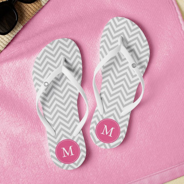 Grey and Pink Chevrons Monogrammed Flip Flops (Creator Uploaded)