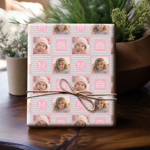 Grey and Pink Chevrons - Photo and Monogram Wrapping Paper