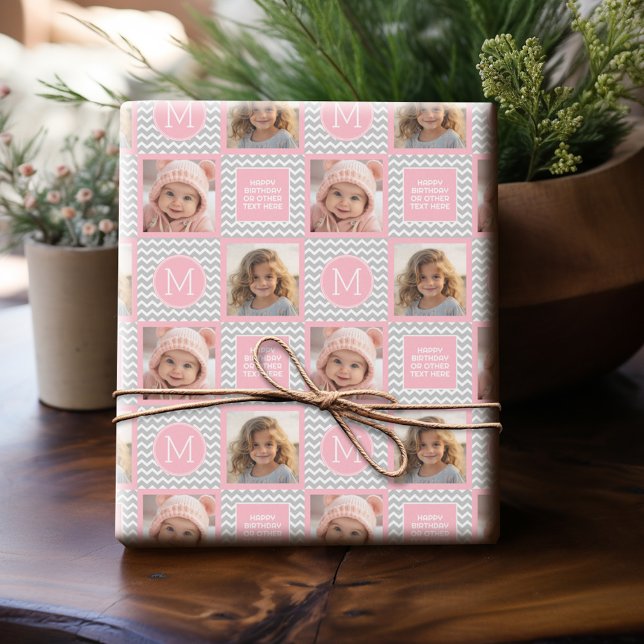 Grey and Pink Chevrons - Photo and Monogram Wrapping Paper (Personalized Photo Wrapping Paper)