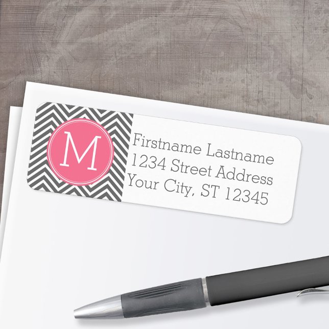 Grey and Pink Chevrons with Custom Monogram (Custom Return Address Labels - Low Minimum)