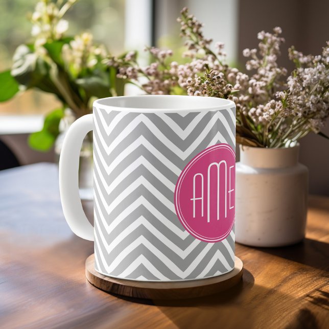 Grey and Pink Chevrons with Custom Monogram Coffee Mug (Mug template with monogram)