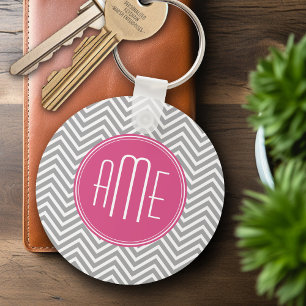 Grey and Pink Chevrons with Custom Monogram Key Ring