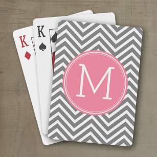 Grey and Pink Chevrons with Custom Monogram Playing Cards