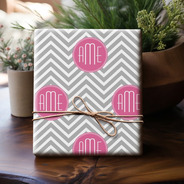 Grey and Pink Chevrons with Custom Monogram Wrapping Paper (Personalized Wrapping Paper)
