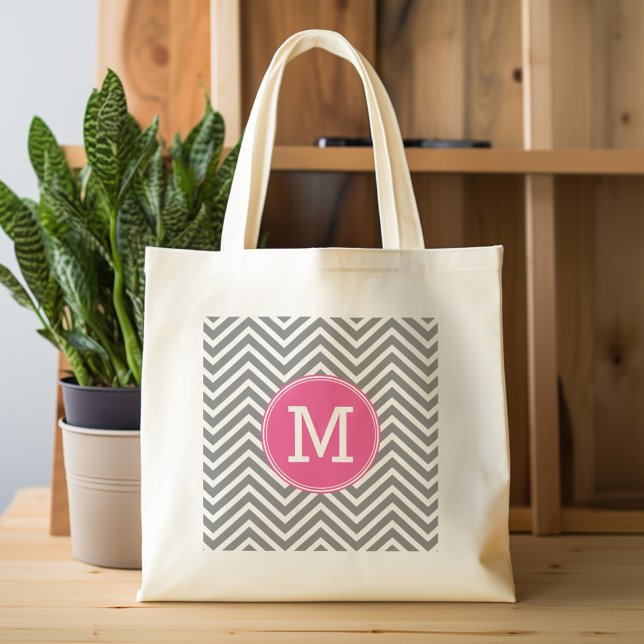 Grey and Pink Chevrons with Custom Triple Monogram Large Tote Bag (Personalized tote bag with chevrons and monogram)