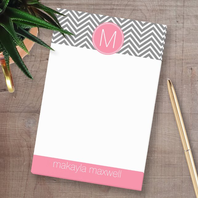 Grey and Pink Chevrons with Single Monogram Post-it Notes (Custom Post-it Note Pads - Add your name and other text)